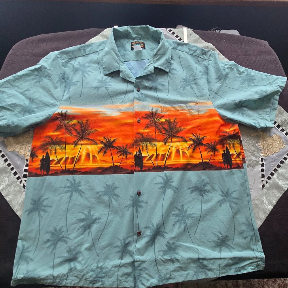 HAWAIIAN SHORT SLEEVE SHIRT FRONT BUTTON V-NECK PALMTREES SUNSET 100% COTTON 3X